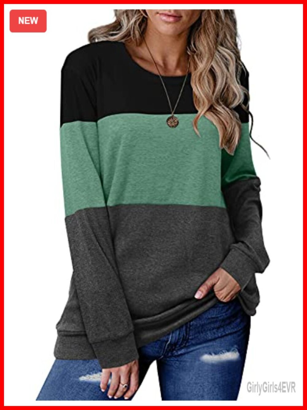 Womens Long Sleeve Crewneck Color Block Sweatshirt Casual Loose Fit Fall Top